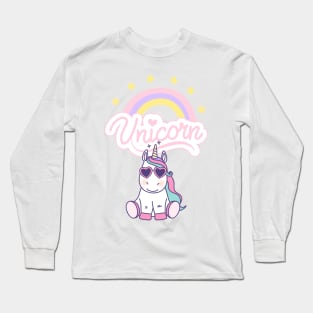 Cute Unicorn with Glasses, Rainbow, And Stars Long Sleeve T-Shirt